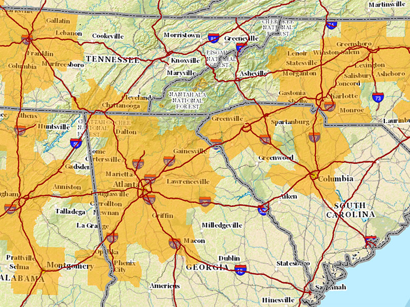 Map showing development in the southeastern U.S.